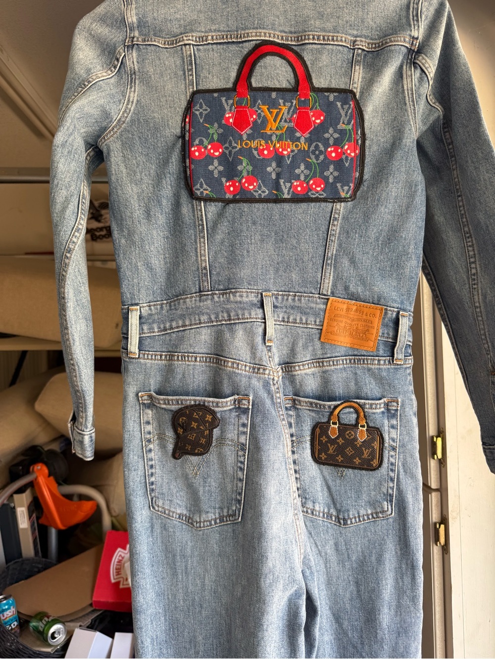 Levi's Light Blue Denim women Jumpsuit with Red Cherry & Brown Bag Patches